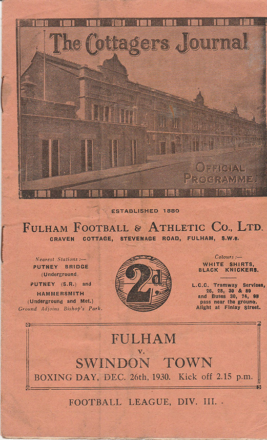 <b>Friday, December 26, 1930</b><br />vs. Fulham (Away)